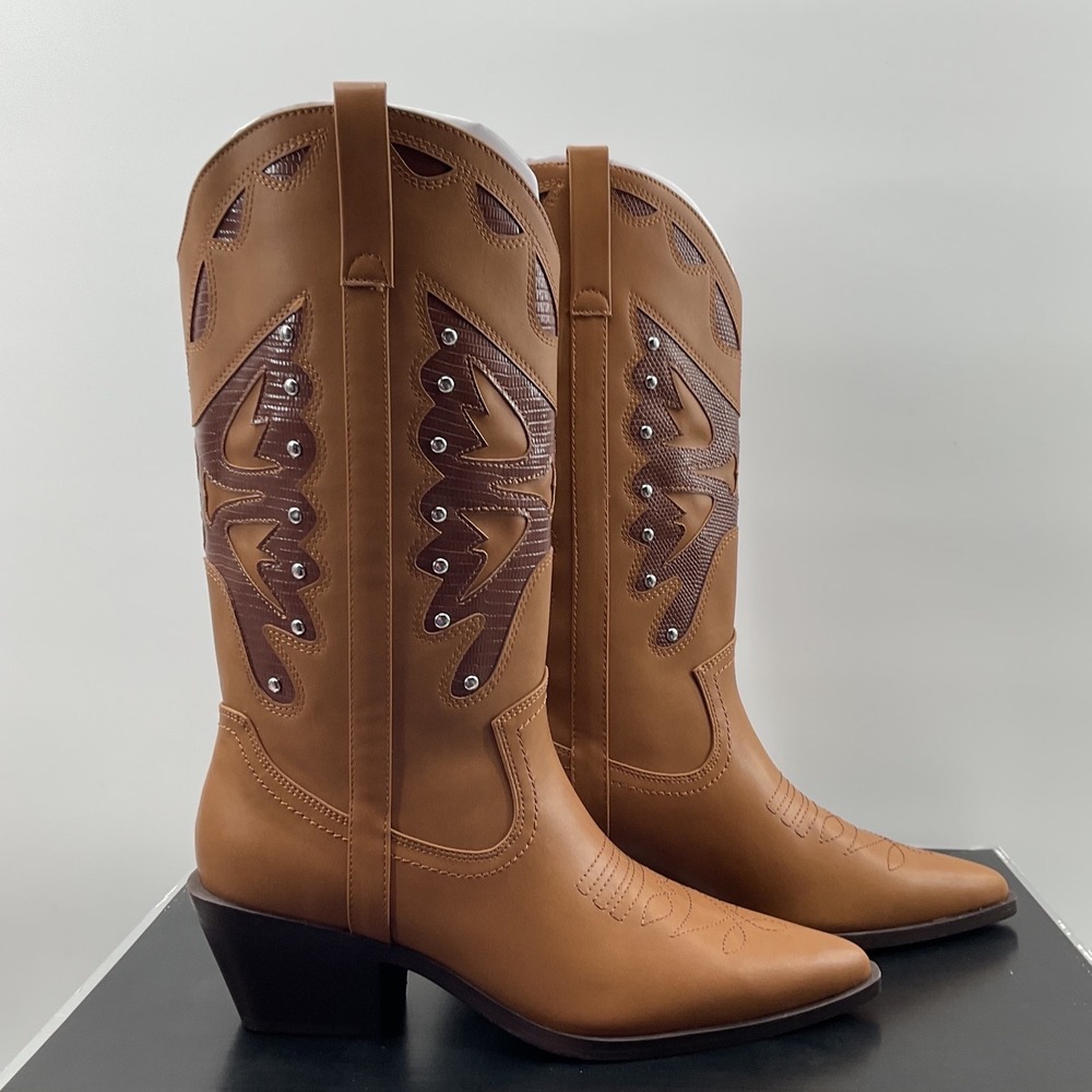 Madden Girl Womens Tan Western Cowboy Boots Studded Faux Snake Detail Block Heel